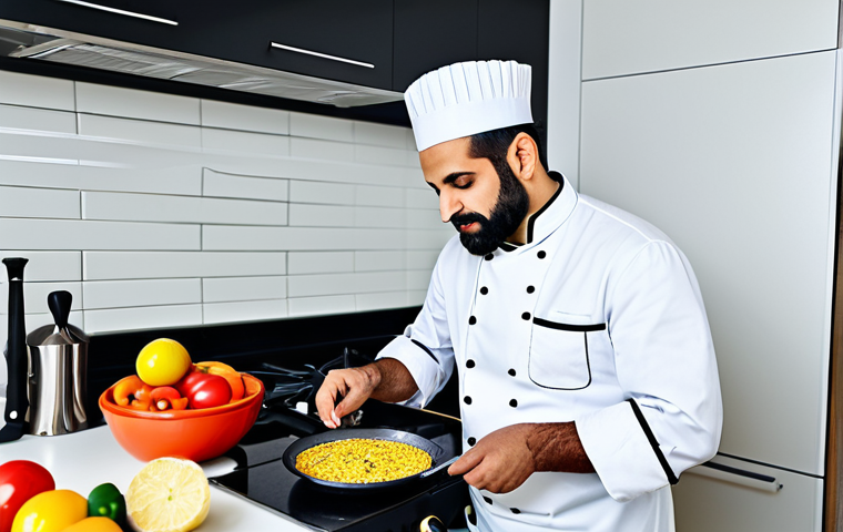 **

"A professional chef in a clean, modern kitchen, preparing traditional Middle Eastern dishes, fully clothed, appropriate attire, safe for work, perfect anatomy, natural proportions, high-resolution photograph, family-friendly."

**