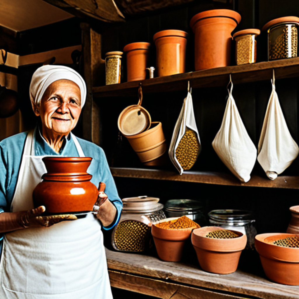 Traditional Spice Storage** "A cozy kitchen scene, featuring a grandmotherly figure in modest clothing, hanging spice-filled cloth bags on a wooden rack. Clay pots filled with spices sit on a shelf. Warm lighting, rustic charm, safe for work, appropriate content, fully clothed, professional photography, perfect anatomy, natural proportions, family-friendly, high quality." **
