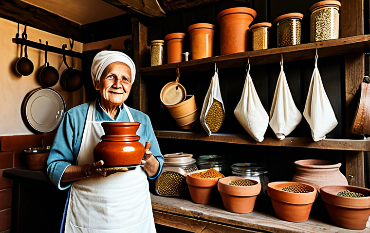 Traditional Spice Storage** "A cozy kitchen scene, featuring a grandmotherly figure in modest clothing, hanging spice-filled cloth bags on a wooden rack. Clay pots filled with spices sit on a shelf. Warm lighting, rustic charm, safe for work, appropriate content, fully clothed, professional photography, perfect anatomy, natural proportions, family-friendly, high quality." **