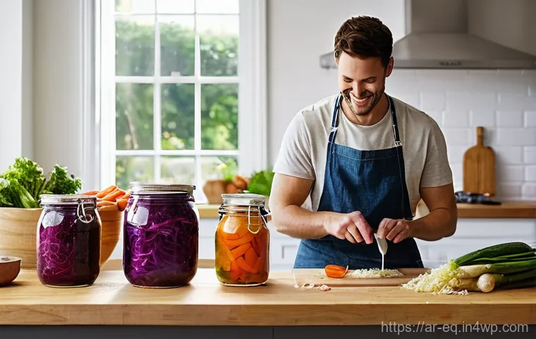 발효식품 만들기 전통 기법과 레시피 - **Prompt 1: A Vibrant Home Fermentation Kitchen Scene** "A bright, clean, and inviting kitchen b...