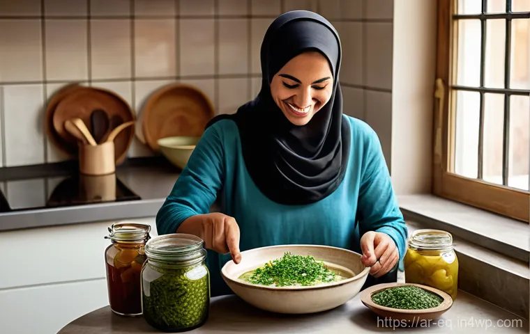 가정용 발효기 사용법 및 팁 - **Prompt:** A cozy, sunlit Arabic kitchen with traditional elements. A woman in her late 30s, wearin...