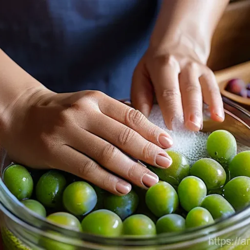 전통 방식으로 만드는 매실청 - The Art of Fermentation: Crafting Maesil Cheong** "A warm, inviting close-up shot of a woman's hand...