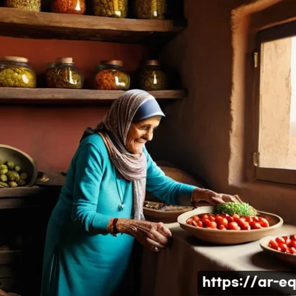 전통 식자재 보존법과 비건 요리 - **Prompt:** A heartwarming scene inside a rustic, sunlit traditional Arab kitchen. An elderly, wise-...