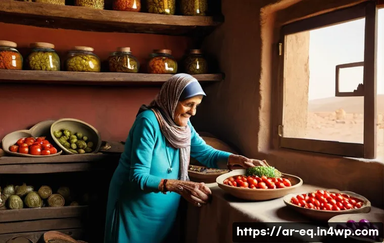 전통 식자재 보존법과 비건 요리 - **Prompt:** A heartwarming scene inside a rustic, sunlit traditional Arab kitchen. An elderly, wise-...