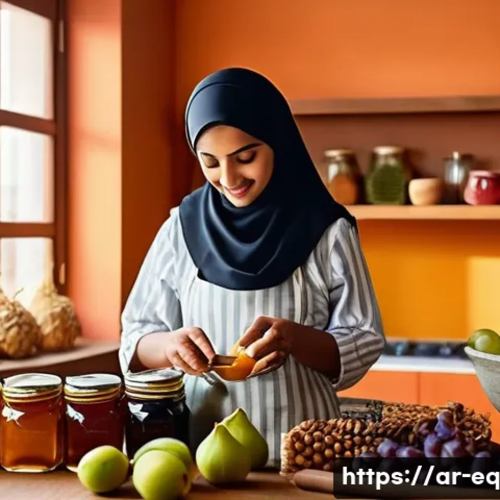 전통적으로 계절 식재료를 보존하는 법 - A warm, inviting kitchen scene featuring an Arabic woman wearing modest clothing and an apron, caref...