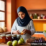전통적으로 계절 식재료를 보존하는 법 - A warm, inviting kitchen scene featuring an Arabic woman wearing modest clothing and an apron, caref...