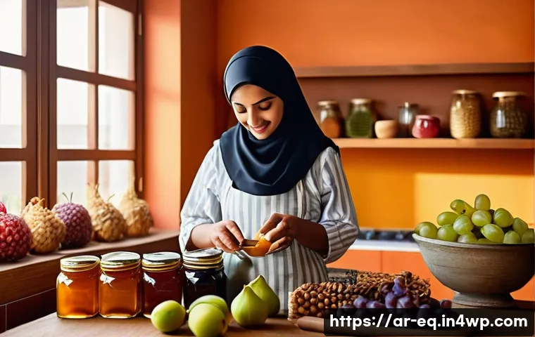 전통적으로 계절 식재료를 보존하는 법 - A warm, inviting kitchen scene featuring an Arabic woman wearing modest clothing and an apron, caref...