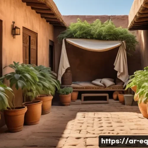 여름철 식재료 보존을 위한 팁 - A traditional clay pot refrigerator (zeer pot) setup in a bright, sunlit Middle Eastern courtyard, s...