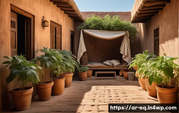여름철 식재료 보존을 위한 팁 - A traditional clay pot refrigerator (zeer pot) setup in a bright, sunlit Middle Eastern courtyard, s...