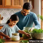 집에서 할 수 있는 전통 발효법 - A warm, inviting Middle Eastern kitchen scene featuring a family of diverse ages engaged in home fer...