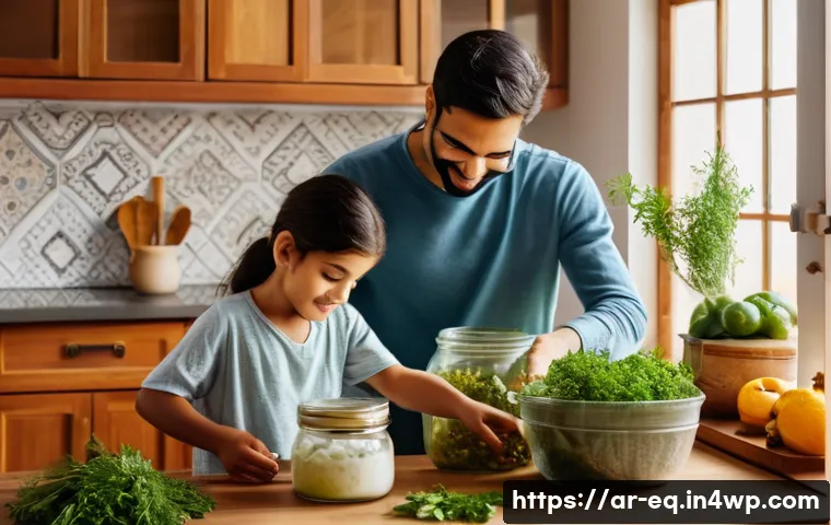 집에서 할 수 있는 전통 발효법 - A warm, inviting Middle Eastern kitchen scene featuring a family of diverse ages engaged in home fer...