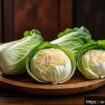전통 김치 담그기 방법 - A vibrant, detailed kitchen scene showcasing fresh Chinese cabbage (Napa cabbage) with tightly packe...