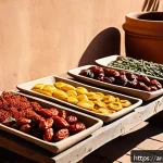 전통 방식을 통한 식재료 보존의 지속 가능성 - A vibrant Middle Eastern outdoor courtyard scene showcasing traditional food preservation methods: s...