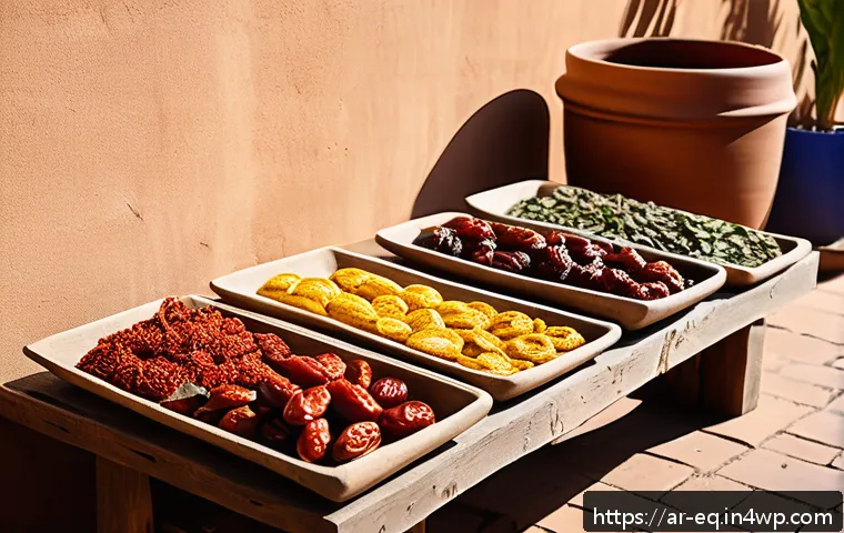 전통 방식을 통한 식재료 보존의 지속 가능성 - A vibrant Middle Eastern outdoor courtyard scene showcasing traditional food preservation methods: s...