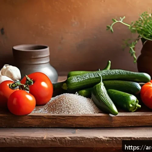 전통적인 채소 보존 방법의 다변화 - A traditional Middle Eastern kitchen scene showcasing an assortment of fresh vegetables such as toma...