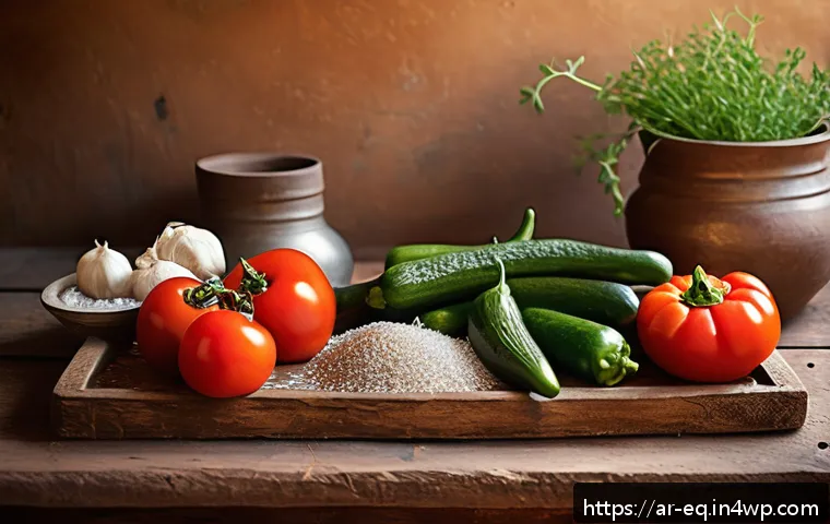 전통적인 채소 보존 방법의 다변화 - A traditional Middle Eastern kitchen scene showcasing an assortment of fresh vegetables such as toma...