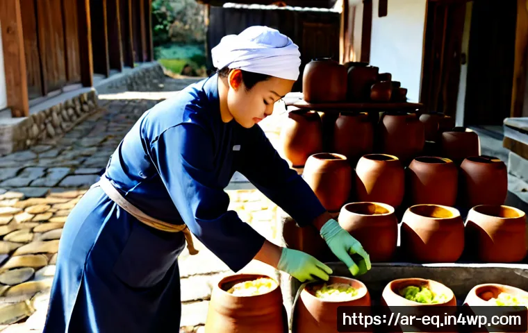 한국 전통 식품의 보존 방법 - Photorealistic traditional Korean food preservation scene, rows of unglazed earthenware fermentation...